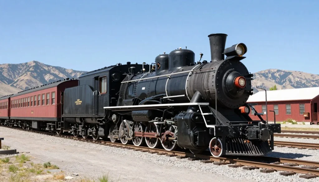 Historic steam locomotive on display at Nevada railroad museum with mountain backdrop