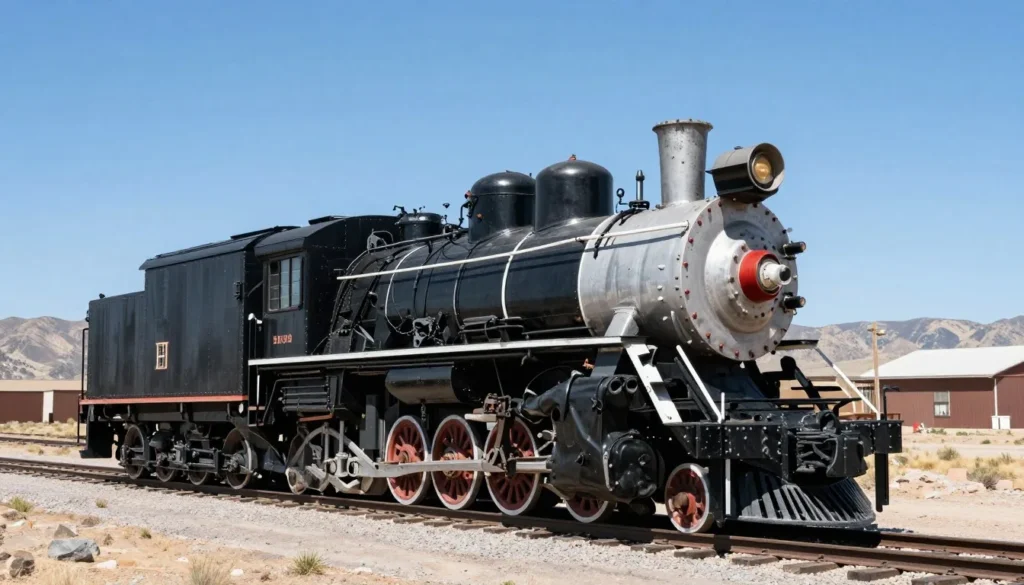 Historic steam locomotive on tracks with Nevada desert landscape and distant mountains