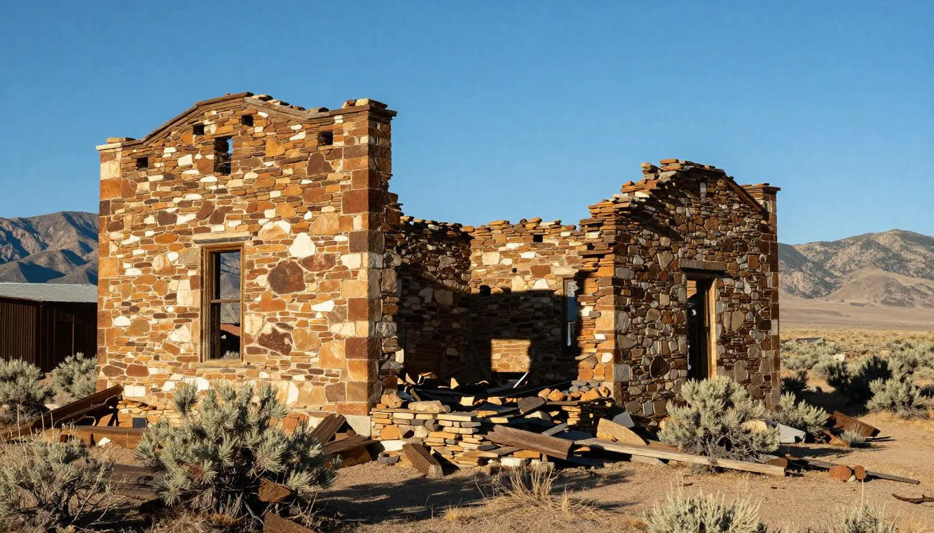 Historic-stone-ruins-of-Hamilton-Nevada-ghost-town-with-desert-landscape-and-White-Pine-Range Historic stone ruins of Hamilton Nevada ghost town with desert landscape and White Pine Range mountains in background