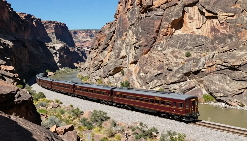 Historic train traveling through Royal Gorge canyon along the Arkansas River Historic train traveling through Royal Gorge canyon along the Arkansas River