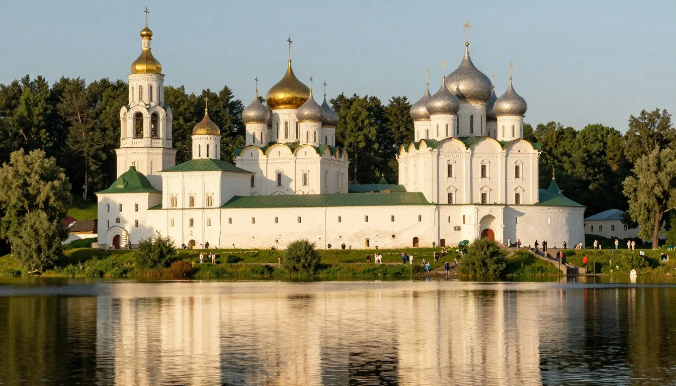Historic white-stone Kirillo-Belozersky Monastery overlooking a serene lake in Vologda Oblast during golden hour