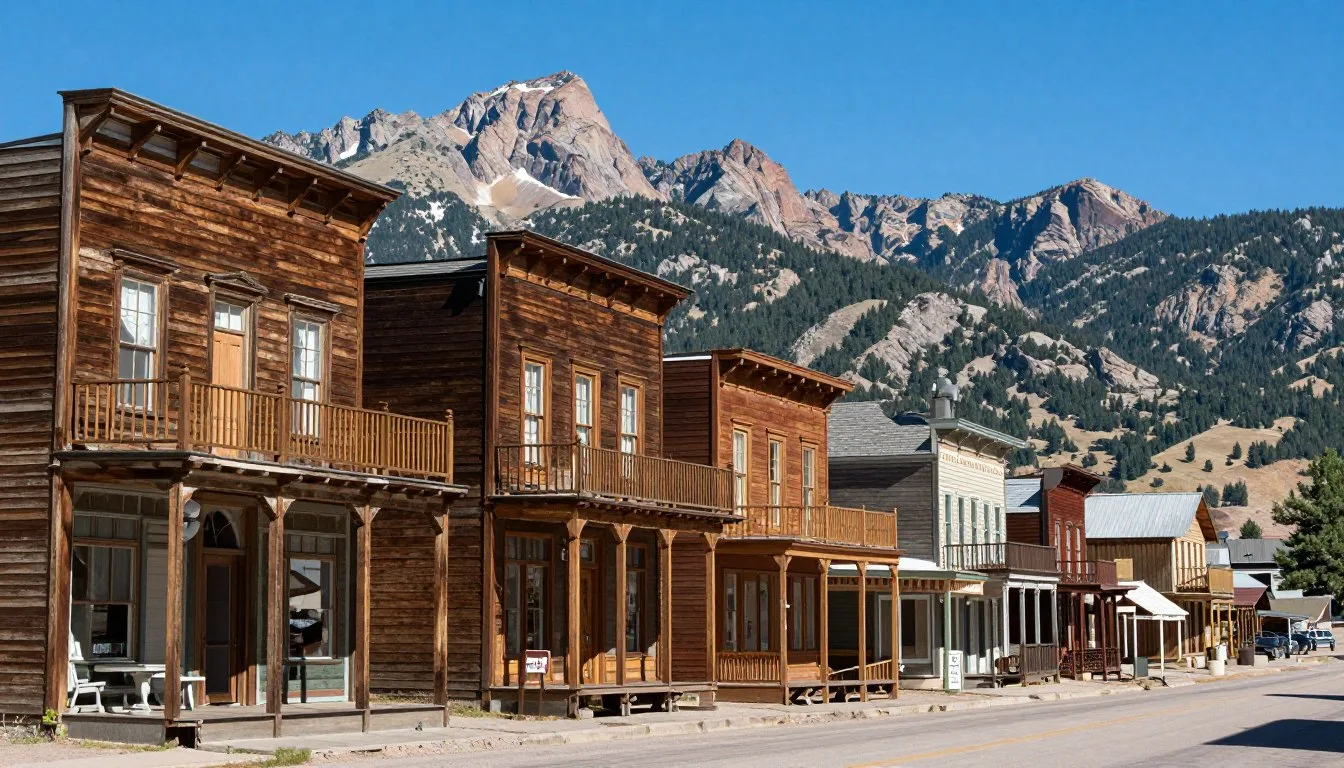 Historic wooden buildings in St Elmo ghost town with mountain backdrop