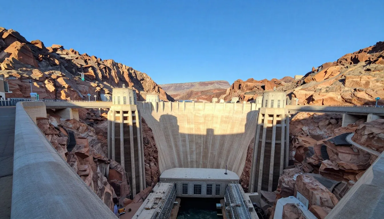 Hoover-Dam-Nevada-travel-guide-showing-the-massive-concrete-arch-structure-spanning-Black Hoover Dam Nevada travel guide showing the massive concrete arch structure spanning Black Canyon