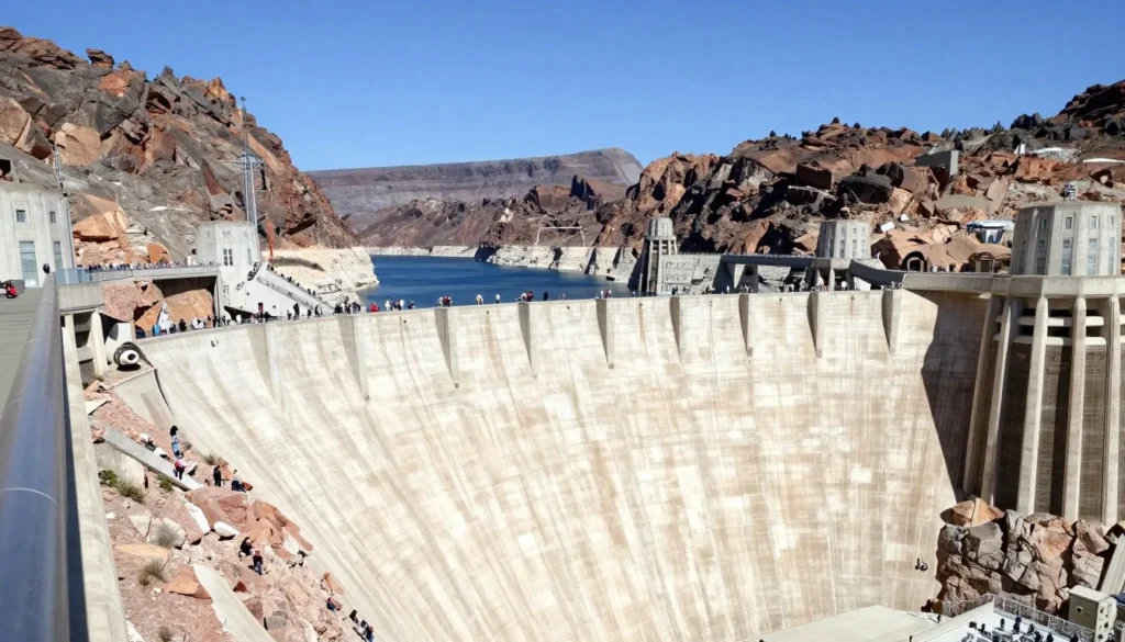 Hoover Dam with Lake Mead behind it showing the massive concrete structure