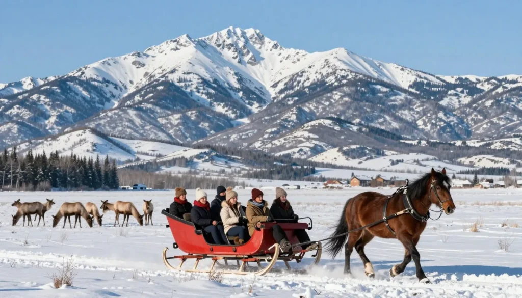Horse-drawn sleigh ride through snowy meadow with elk herd in Bear River Range
