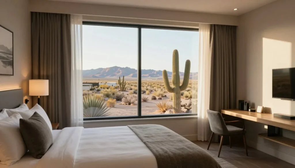 Hotel room interior with desert view window