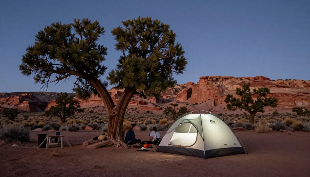 Hovenweep Campground with tent setup among juniper trees and desert landscape under starry evening sky Hovenweep Campground with tent setup among juniper trees and desert landscape under starry evening sky