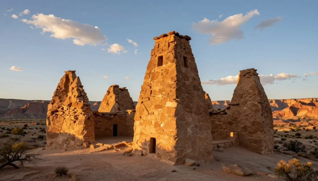 Hovenweep towers during golden hour with warm sunset light illuminating ancient stone walls Hovenweep towers during golden hour with warm sunset light illuminating ancient stone walls
