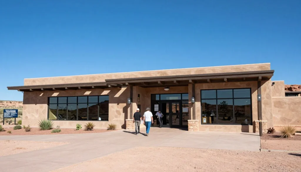 Hovenweep visitor center building in desert setting with educational exhibits visible through windows Hovenweep visitor center building in desert setting with educational exhibits visible through windows