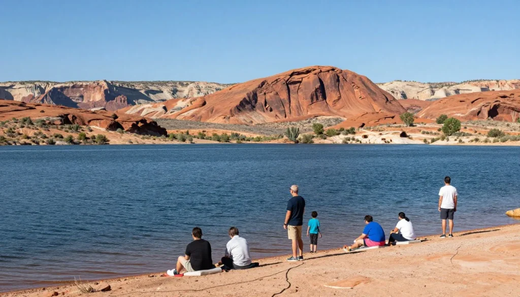 Huntington Reservoir during summer with families enjoying the water Huntington Reservoir during summer with families enjoying the water