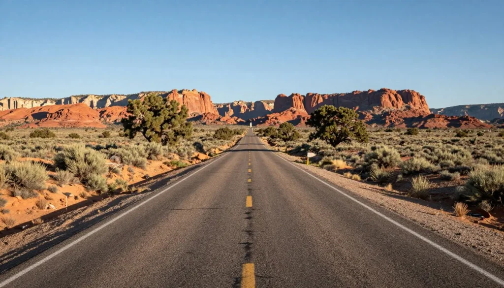 Huntington State Park entrance road through Utah desert landscape Huntington State Park entrance road through Utah desert landscape
