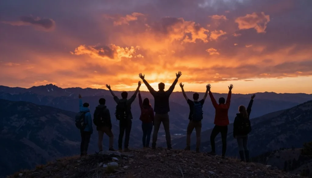 Inspiring Colorado mountain sunset scene with adventurers