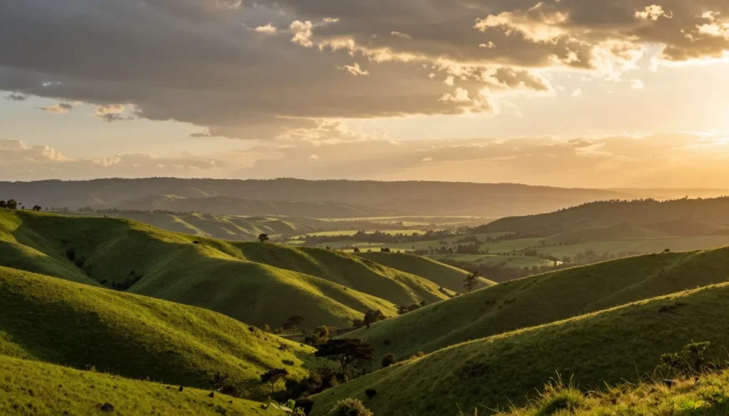 Inspiring panoramic view of Swaziland landscape at golden hour with mountains and valleys Inspiring panoramic view of Swaziland landscape at golden hour with mountains and valleys