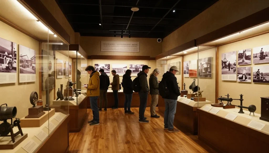 Interior museum display showing mining artifacts, vintage photographs, and historical equipment from Colorado mining era with diverse visitors examining exhibits