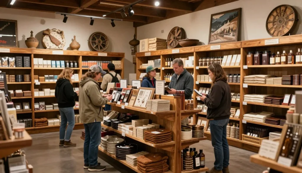 Interior of mountain town general store with diverse customers shopping Interior of mountain town general store with diverse customers shopping