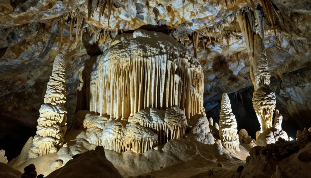 Intricate limestone formations and stalactites inside Lehman Caves with dramatic lighting