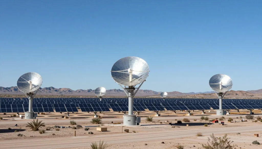 Ivanpah Solar Power Facility towers and heliostats view