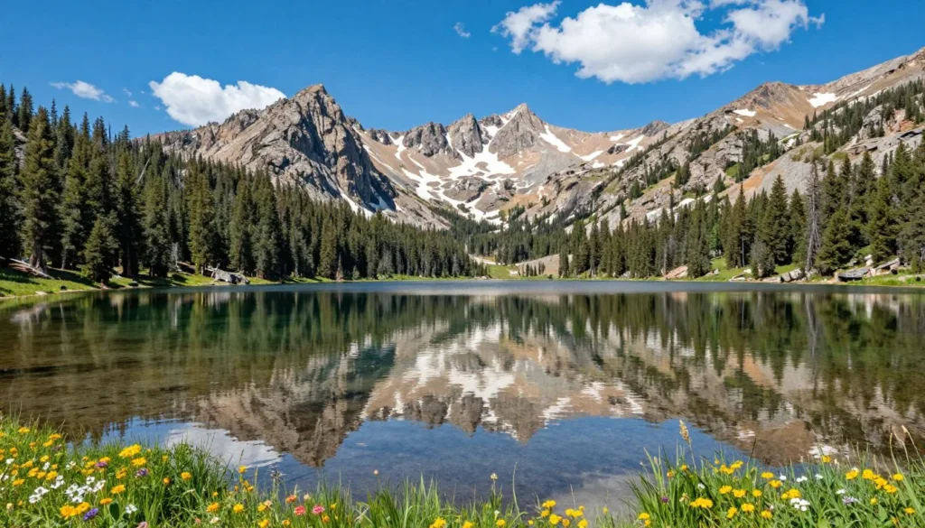 Jarbidge Lake surrounded by mountain peaks and forest Jarbidge Lake surrounded by mountain peaks and forest