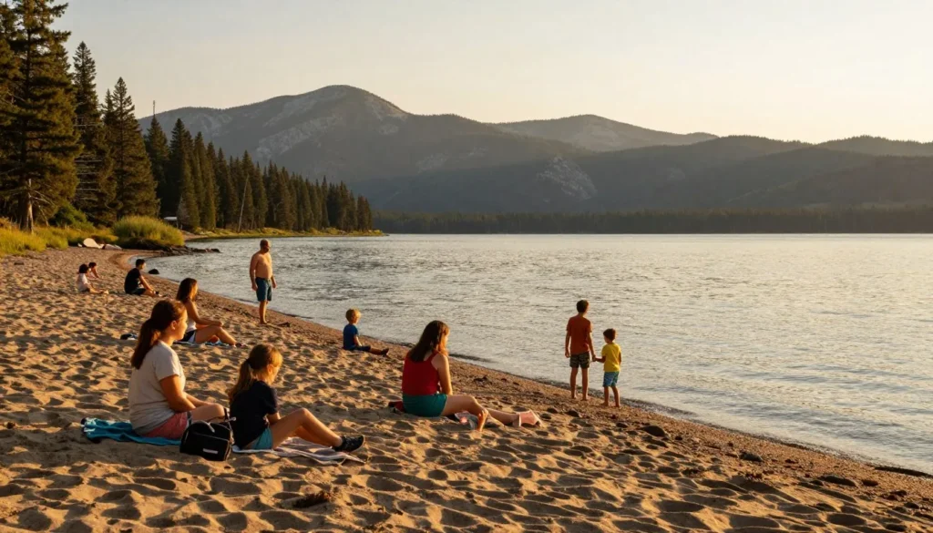 Jordanelle Reservoir during golden hour with families enjoying the beach area