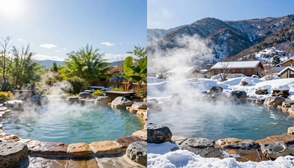 Joyful Journey Hot Springs during different seasons showing contrast between summer and winter soaking experiences Joyful Journey Hot Springs during different seasons showing contrast between summer and winter soaking experiences