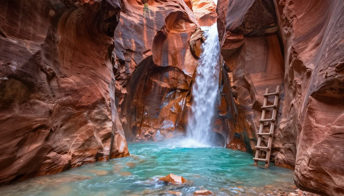 Kanarra Falls Utah slot canyon with flowing water and wooden ladders