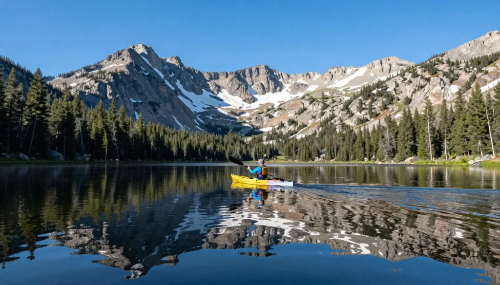 Kayaker on alpine lake in Humboldt-Toiyabe National Forest with mountain reflection