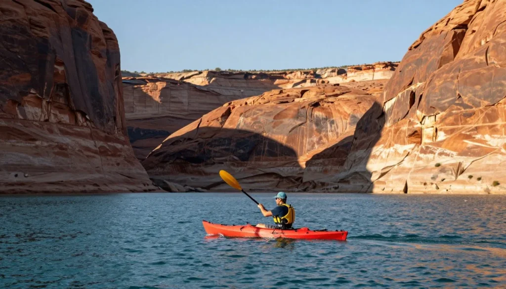 Kayaker paddling across calm turquoise waters with red cliffs behind Kayaker paddling across calm turquoise waters with red cliffs behind