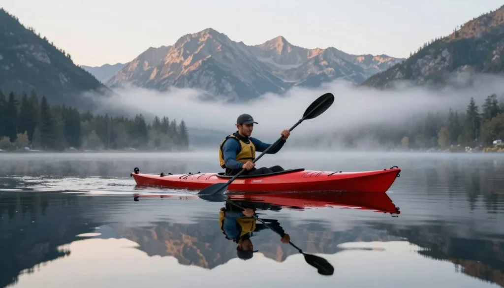 Kayaker paddling on calm Spinney Mountain Reservoir waters