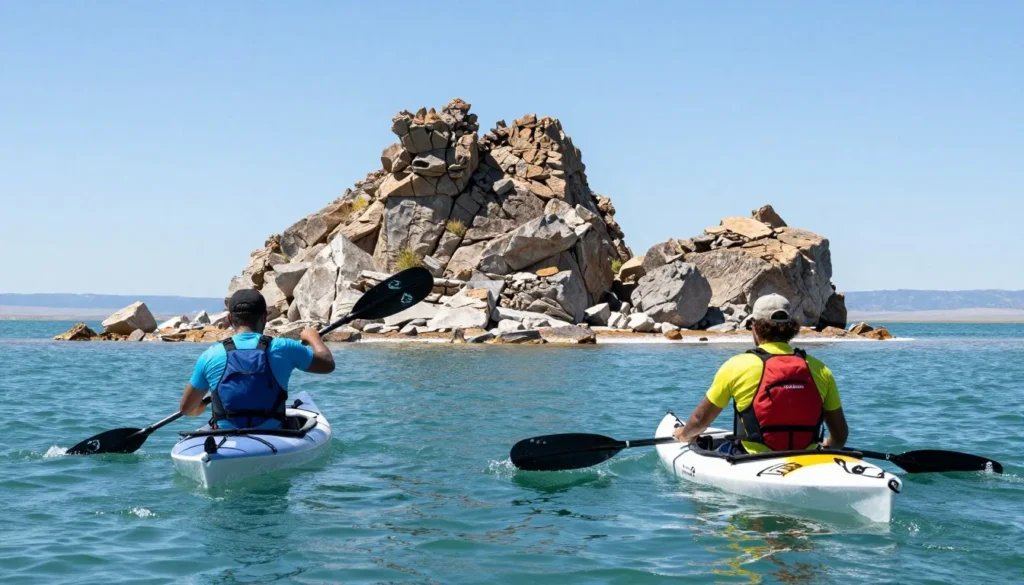 Kayakers approaching rocky Great Salt Lake island shoreline Kayakers approaching rocky Great Salt Lake island shoreline