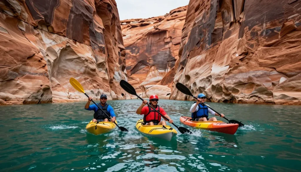 Kayakers exploring a narrow canyon on Lake Mead with red rock walls