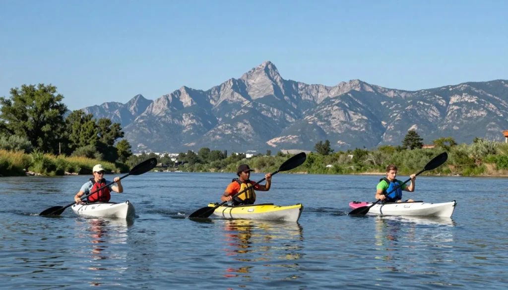 Kayakers on Arkansas River with Sawatch Range mountains in background