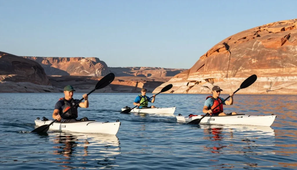 Kayakers on Huntington Reservoir with red cliffs Kayakers on Huntington Reservoir with red cliffs