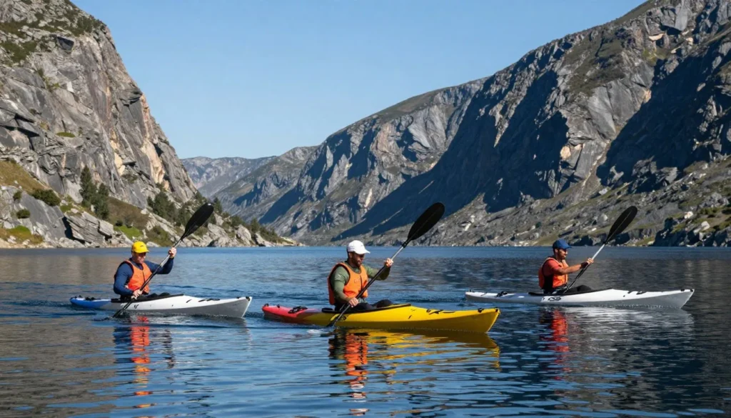 Kayakers on Rifle Gap Reservoir with mountain backdrop Kayakers on Rifle Gap Reservoir with mountain backdrop