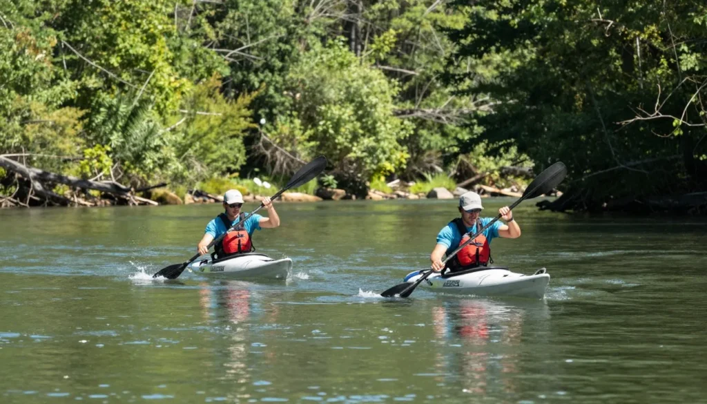 Kayakers on calm section of Ocoee River in Cherokee National Forest with forested banks