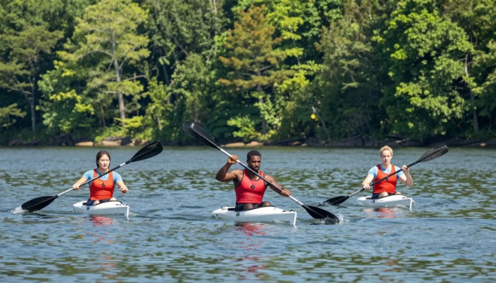 Kayakers on peaceful Tennessee lake surrounded by forested shores