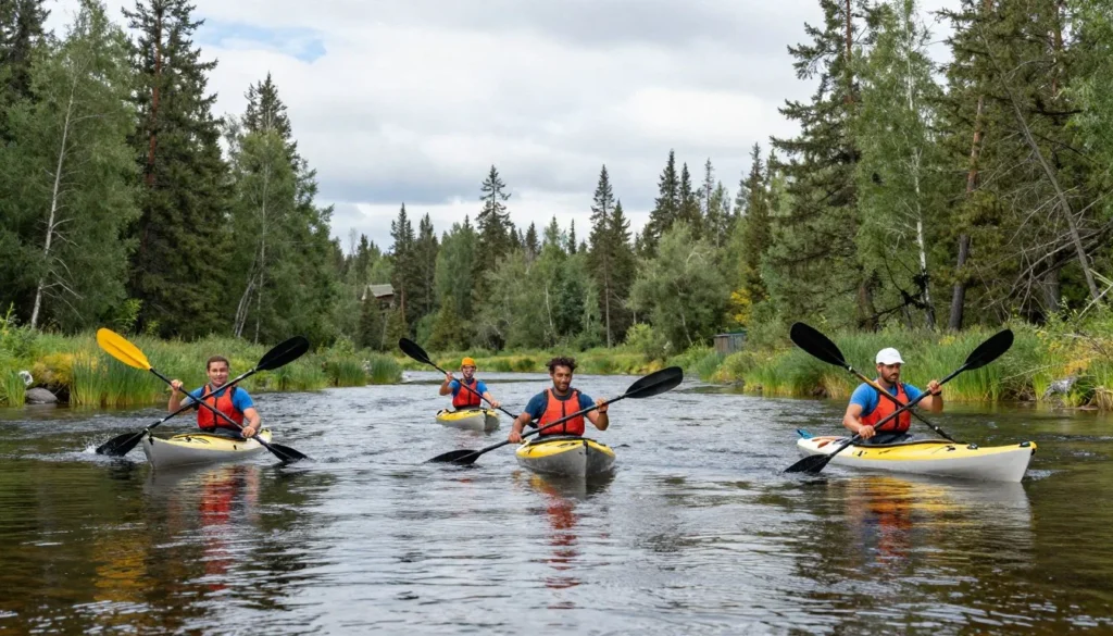 Kayakers on pristine river in Zabaykalsky Krai wilderness