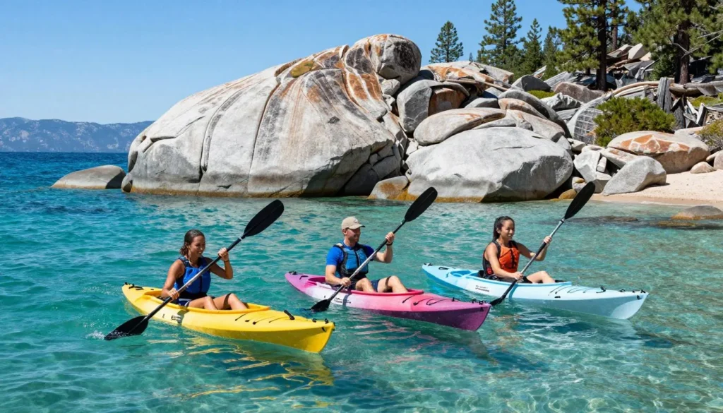 Kayakers paddling in clear Lake Tahoe waters near granite rocks Kayakers paddling in clear Lake Tahoe waters near granite rocks