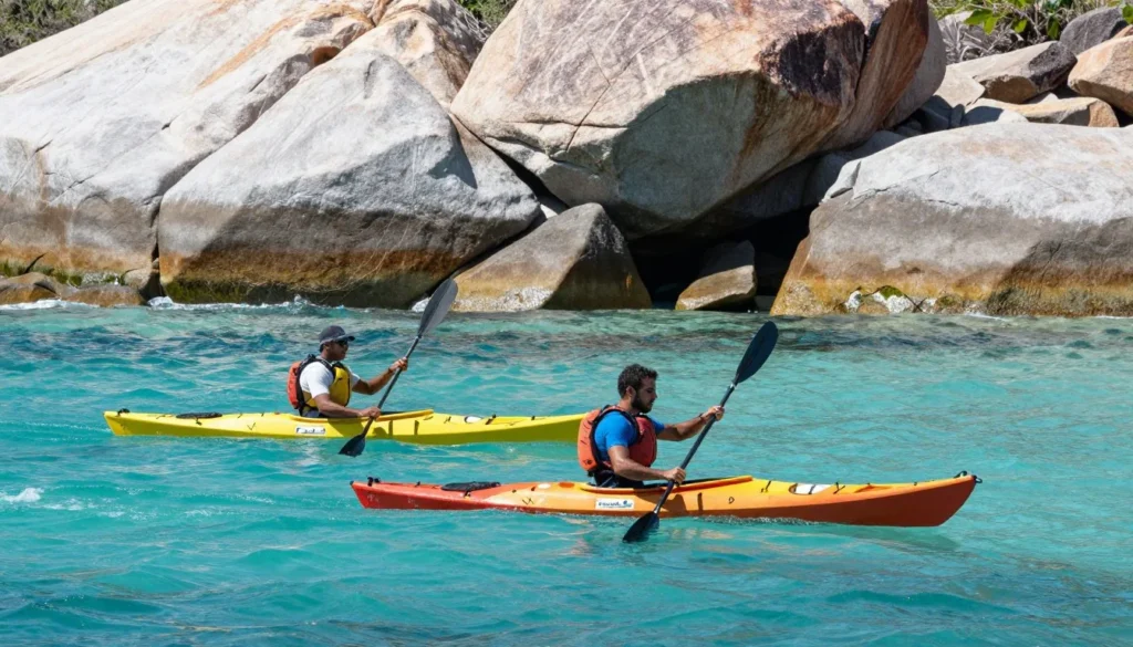 Kayakers paddling in clear turquoise water near granite boulders Kayakers paddling in clear turquoise water near granite boulders