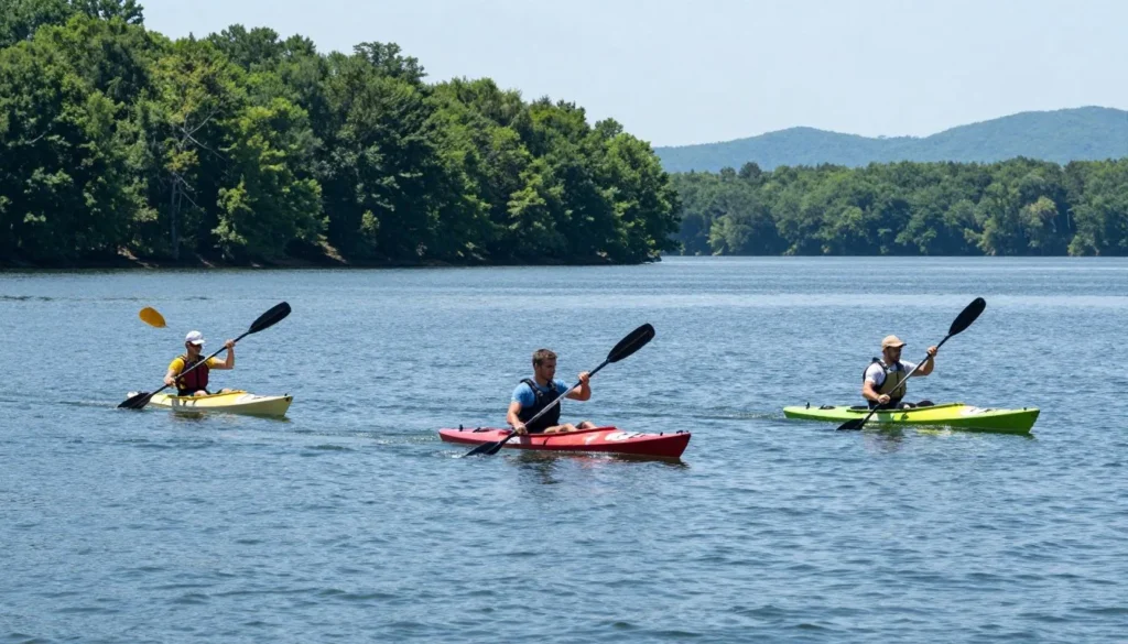 Kayakers paddling on calm Boone Lake water with mountain backdrop