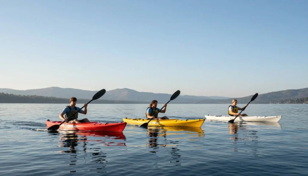 Kayakers paddling on calm Horseshoe Lake at Lathrop State Park