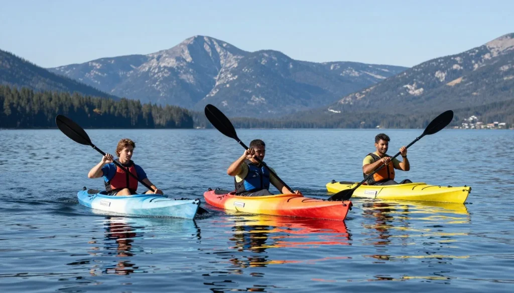 Kayakers paddling on calm Jordanelle Reservoir waters