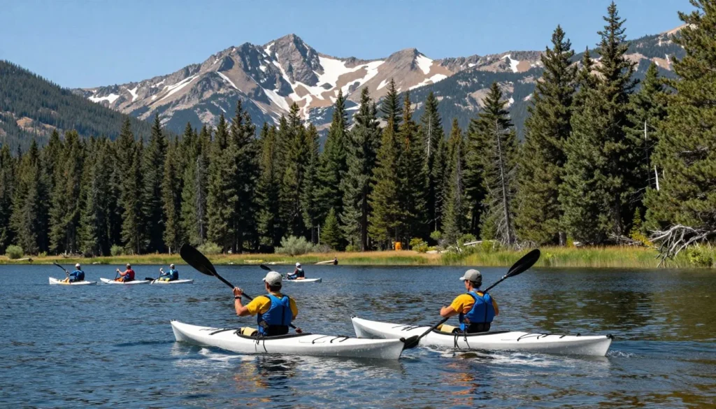 Kayakers paddling on calm Pearl Lake waters Kayakers paddling on calm Pearl Lake waters