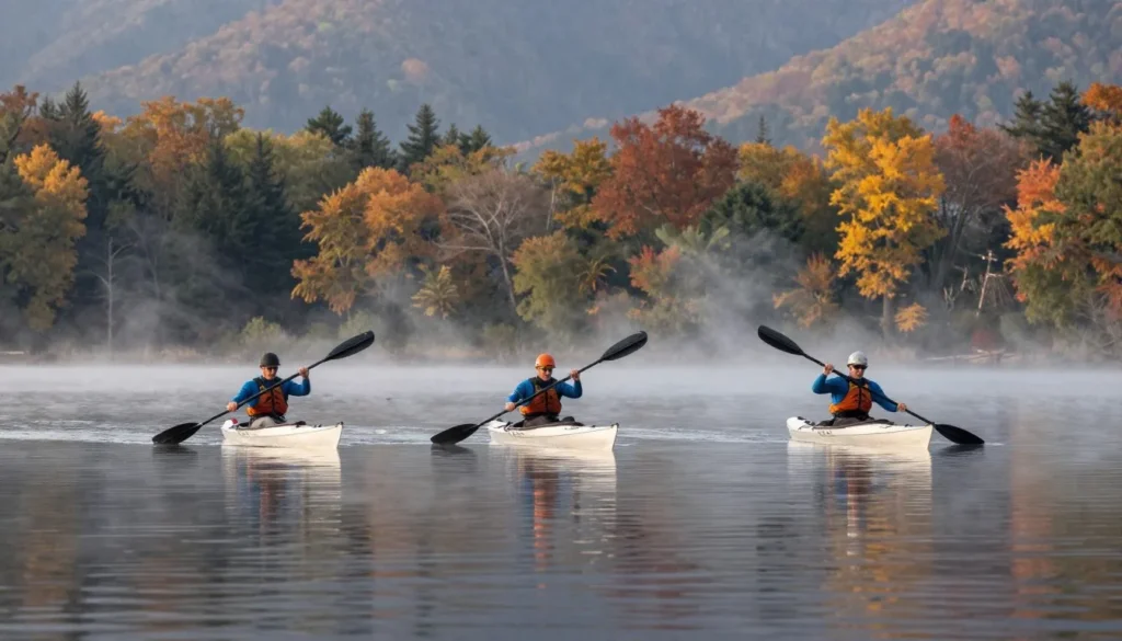 Kayakers paddling on calm Tennessee mountain lake