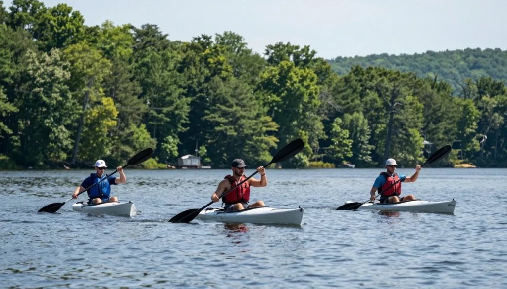 Kayakers paddling on calm lake waters near wooded shoreline