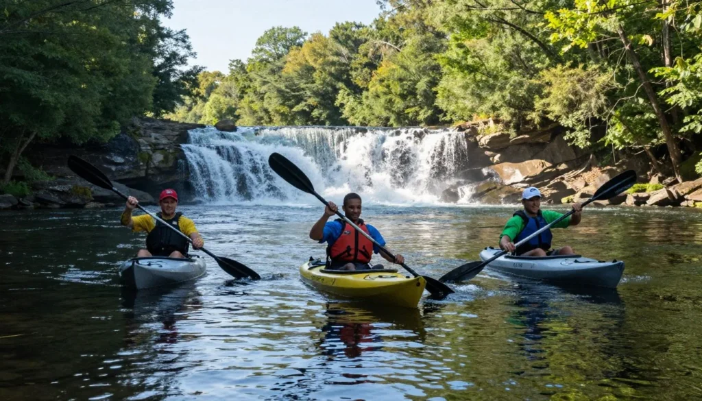 Kayakers paddling on calm river section near Burgess Falls Tennessee