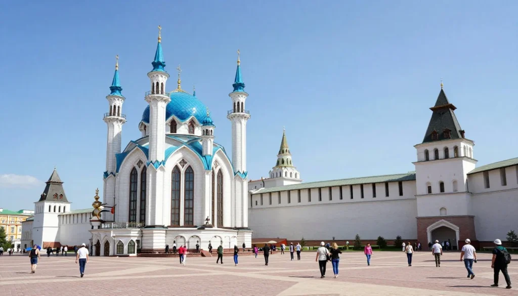 Kazan Kremlin with Kul Sharif Mosque featuring blue and white domes Kazan Kremlin with Kul Sharif Mosque featuring blue and white domes