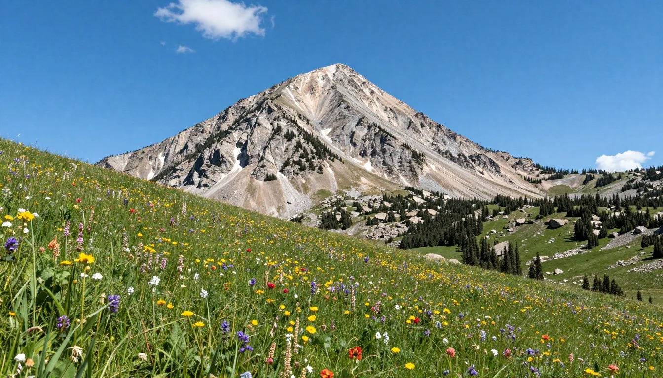 Kings Peak summit rising above alpine meadows with wildflowers in Uinta Mountains Utah