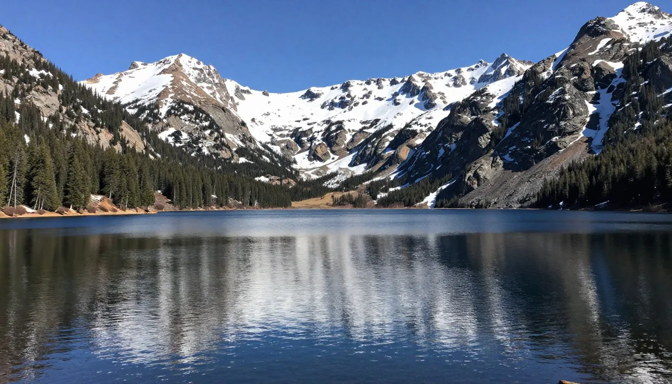 Lake-Granby-Colorado-surrounded-by-Rocky-Mountains-with-clear-blue-water-reflecting-mountain Lake Granby Colorado surrounded by Rocky Mountains with clear blue water reflecting mountain peaks on a beautiful summer day