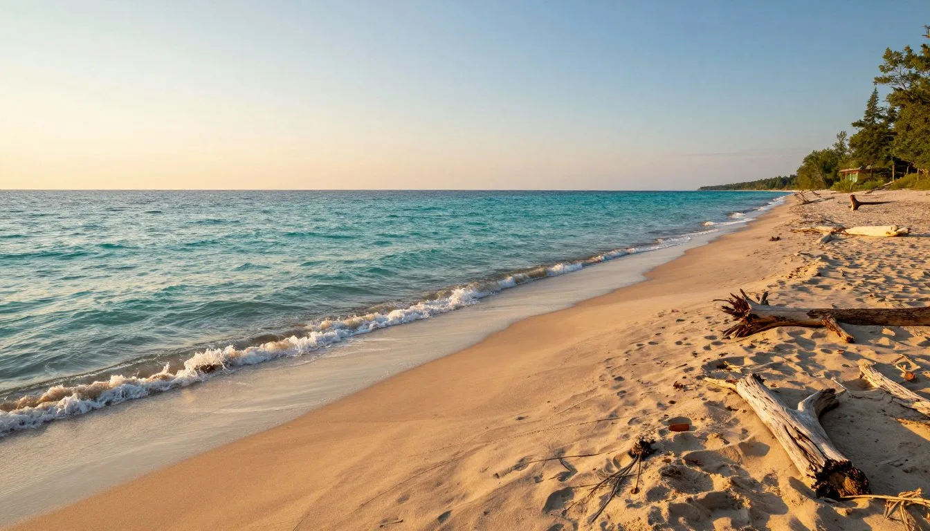 Lake Huron Shoreline Ontario sunset over pristine sandy beach with gentle waves