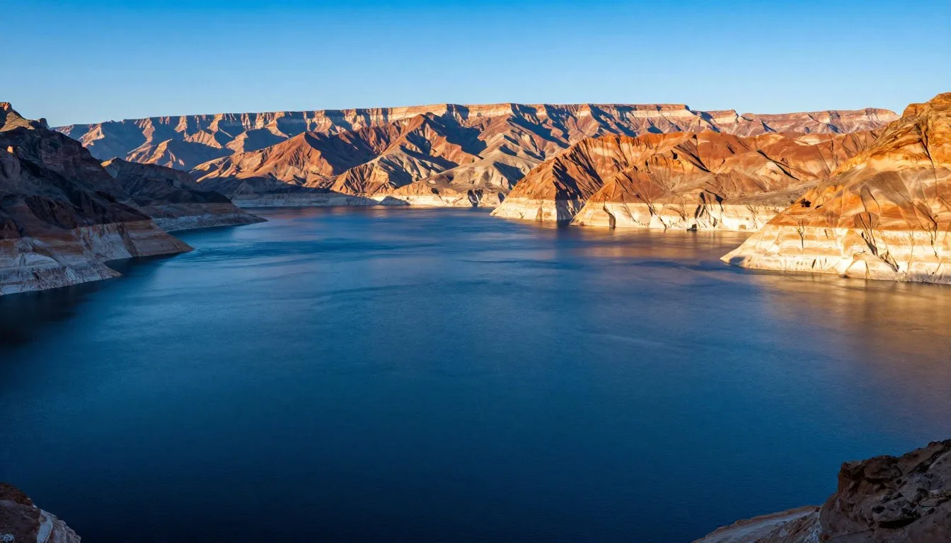 Lake Mead National Recreation Area panoramic view with deep blue waters surrounded by desert mountains